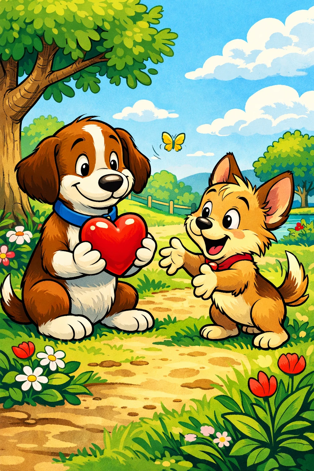 Two cartoon dogs sharing a red heart in a park