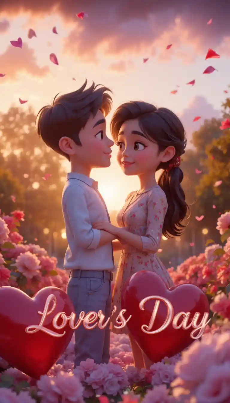 Pareja 3D romántica en un parque al atardecer con corazones brillantes