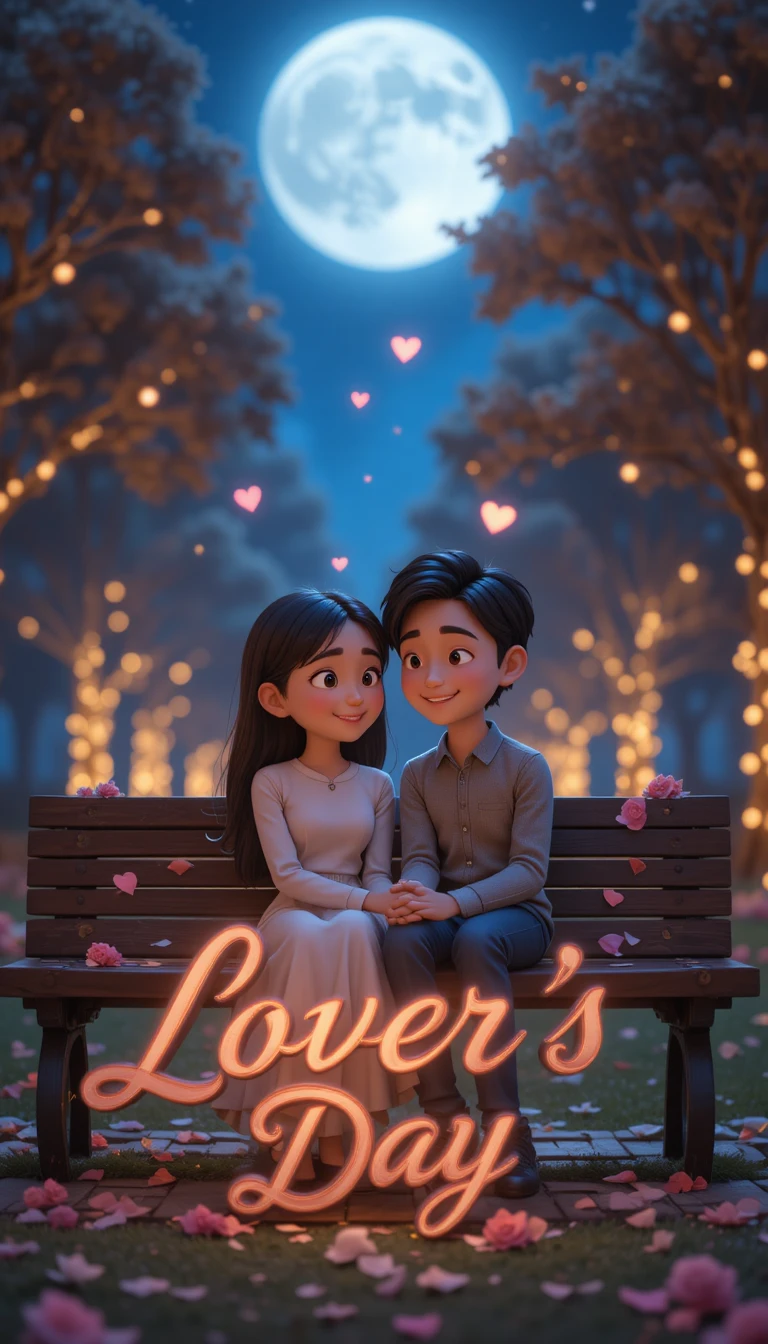 Coppia 3D romantica su una panchina del parco sotto le lucine