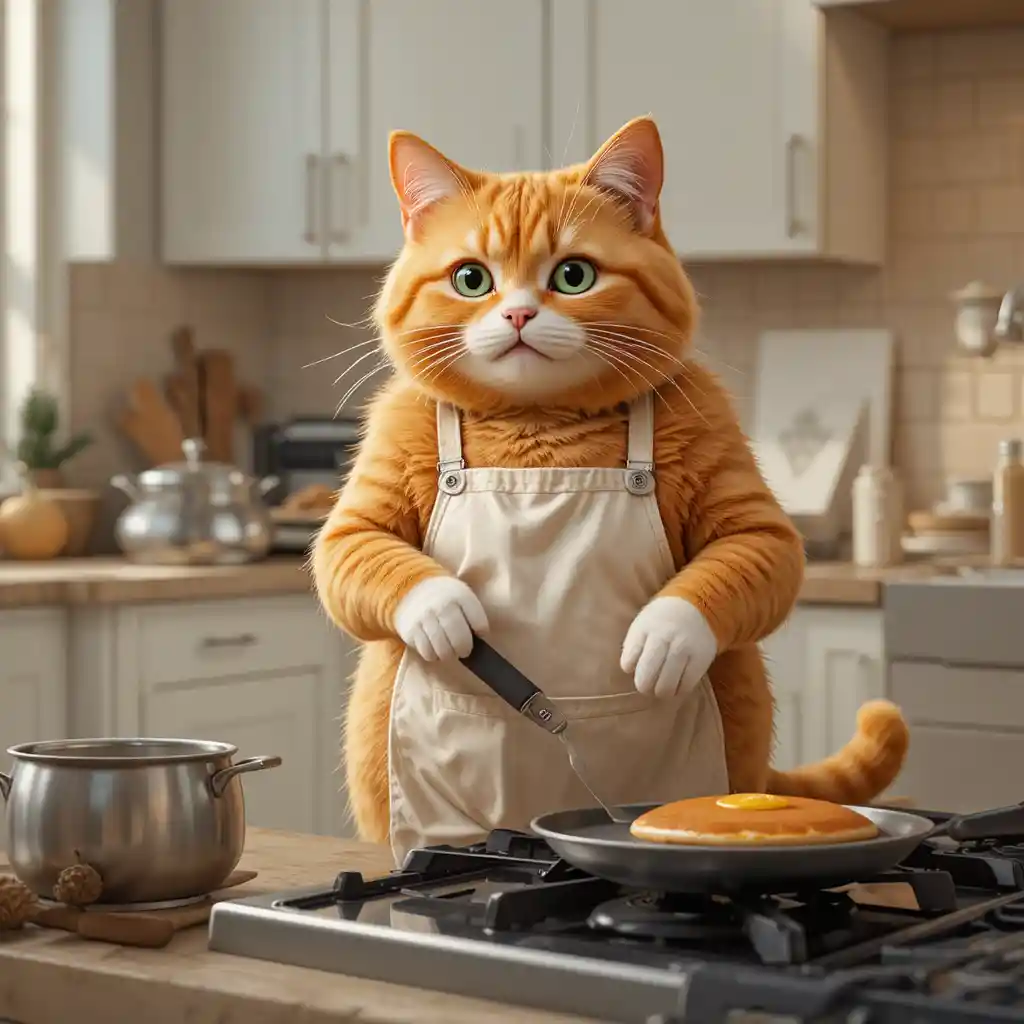 Gato ruivo de avental fazendo panquecas em uma cozinha moderna