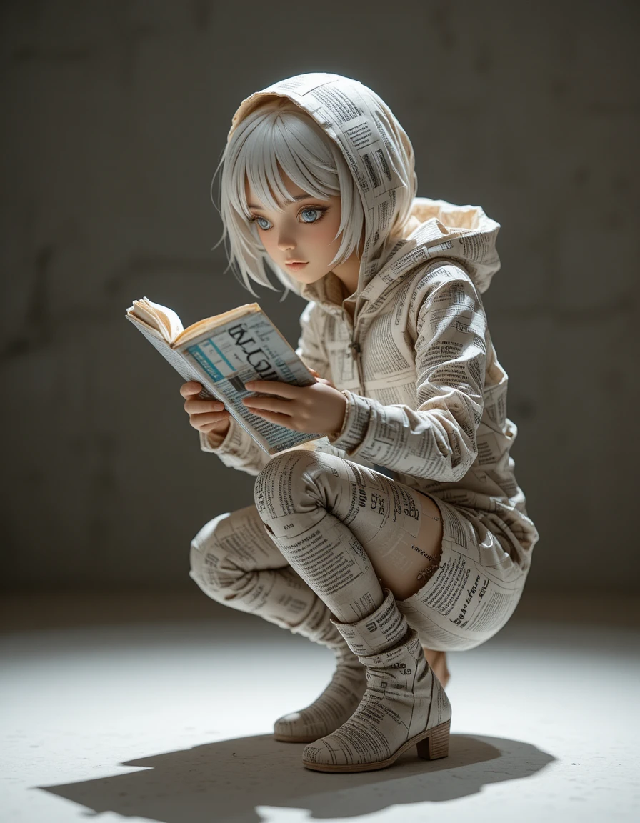 Escultura de papel de menina agachada lendo um livro em silêncio