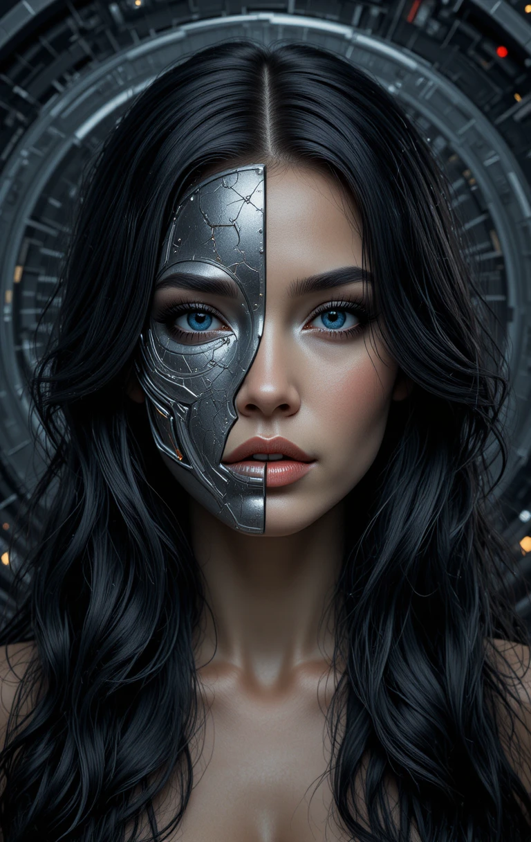 Donna metà umana metà robot in vortice metallico scuro