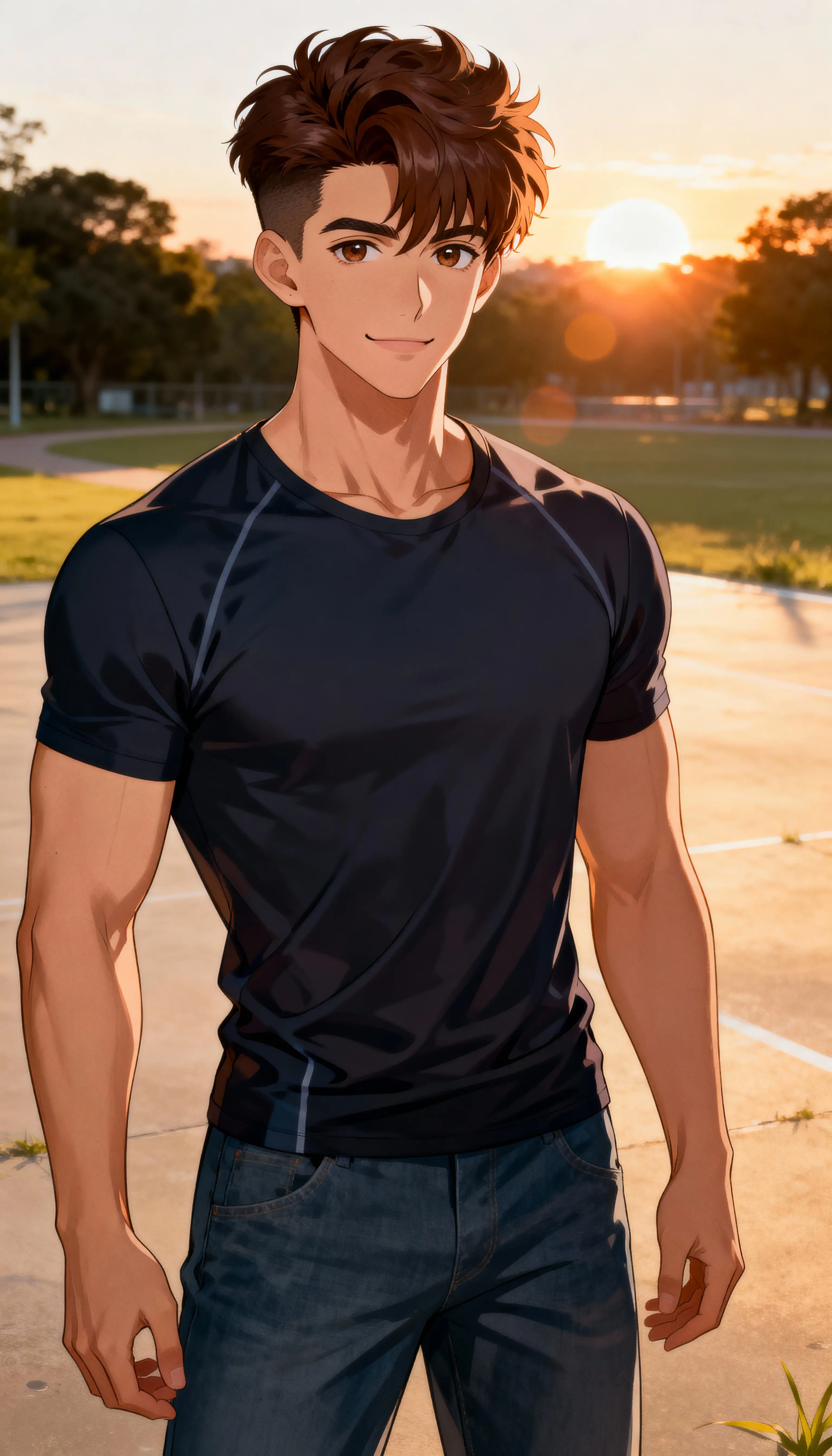 Homem de anime confiante ao pôr do sol em visão de corpo inteiro ao ar livre