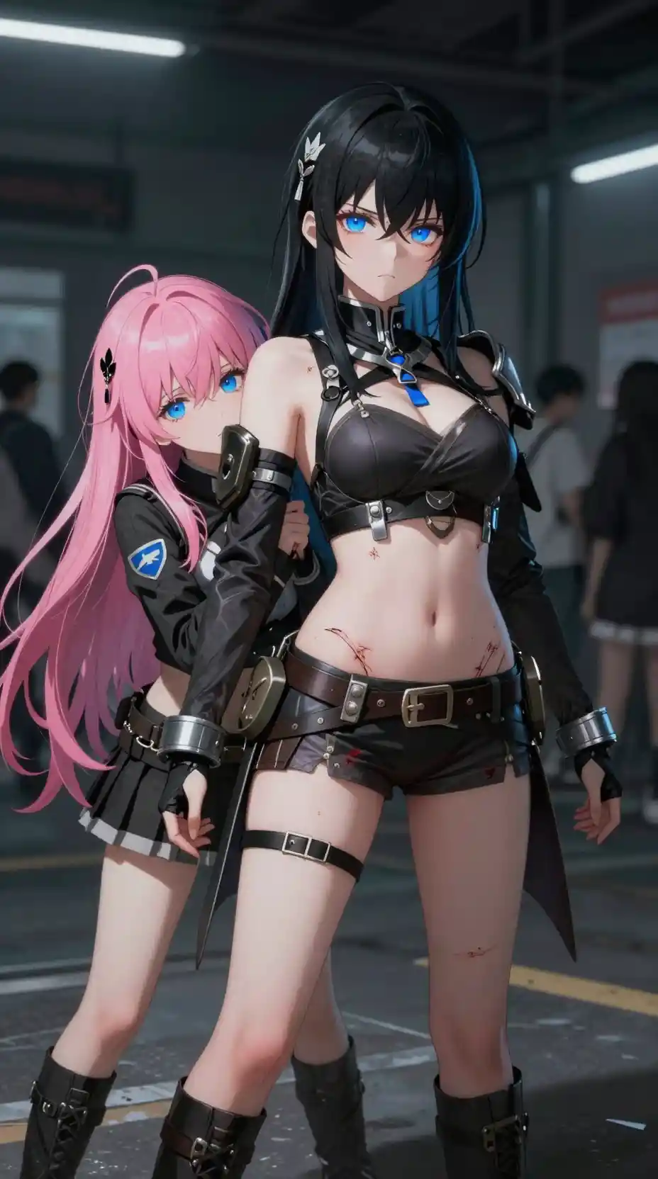 Defiant anime woman in short military outfit in public