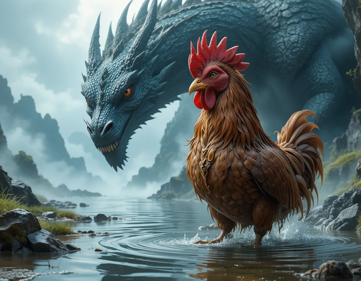 Poule face à un dragon dans un paysage fantastique lumineux et brumeux