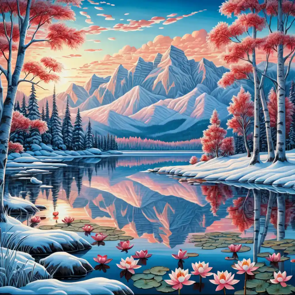 Bouleaux d'hiver au lever du soleil sur un lac de montagne enneigé