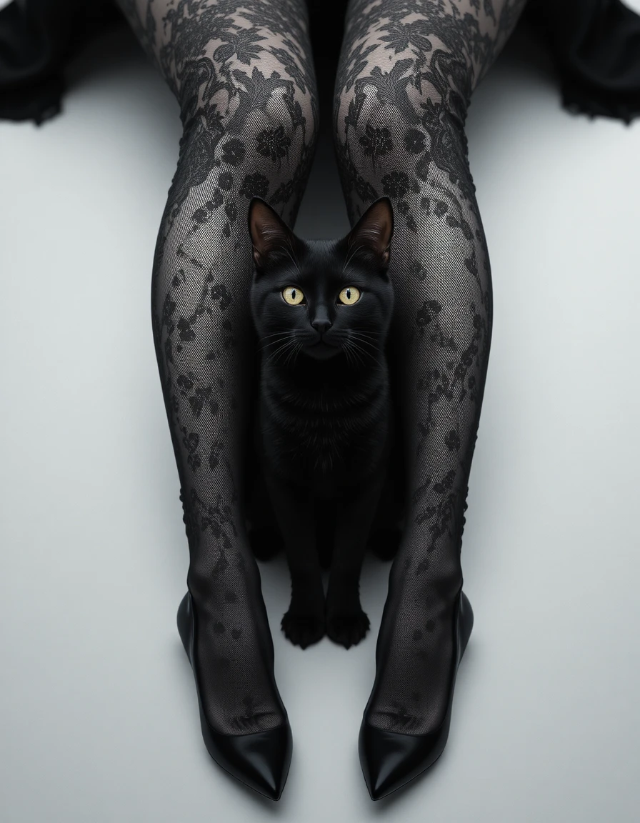 레이스로 감싼 다리 사이의 흑백 고양이