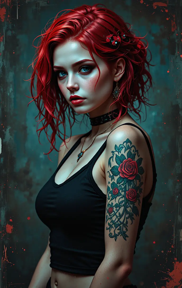 Donna gotica con capelli rossi e tatuaggi su sfondo grunge