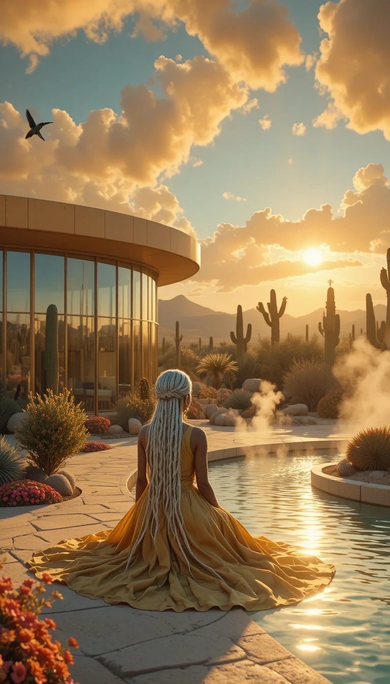 Mulher afrofuturista em pátio de oásis no deserto ao pôr do sol