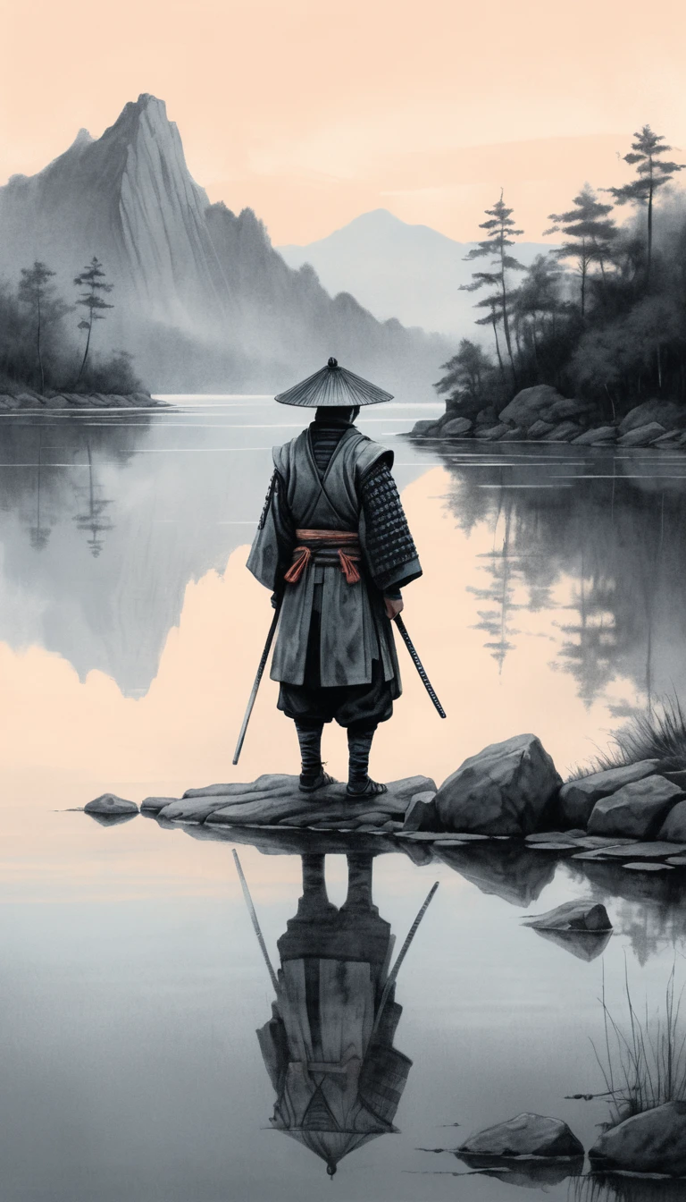 Einsamer Samurai auf Felsen mit Blick auf einen stillen, spiegelnden See