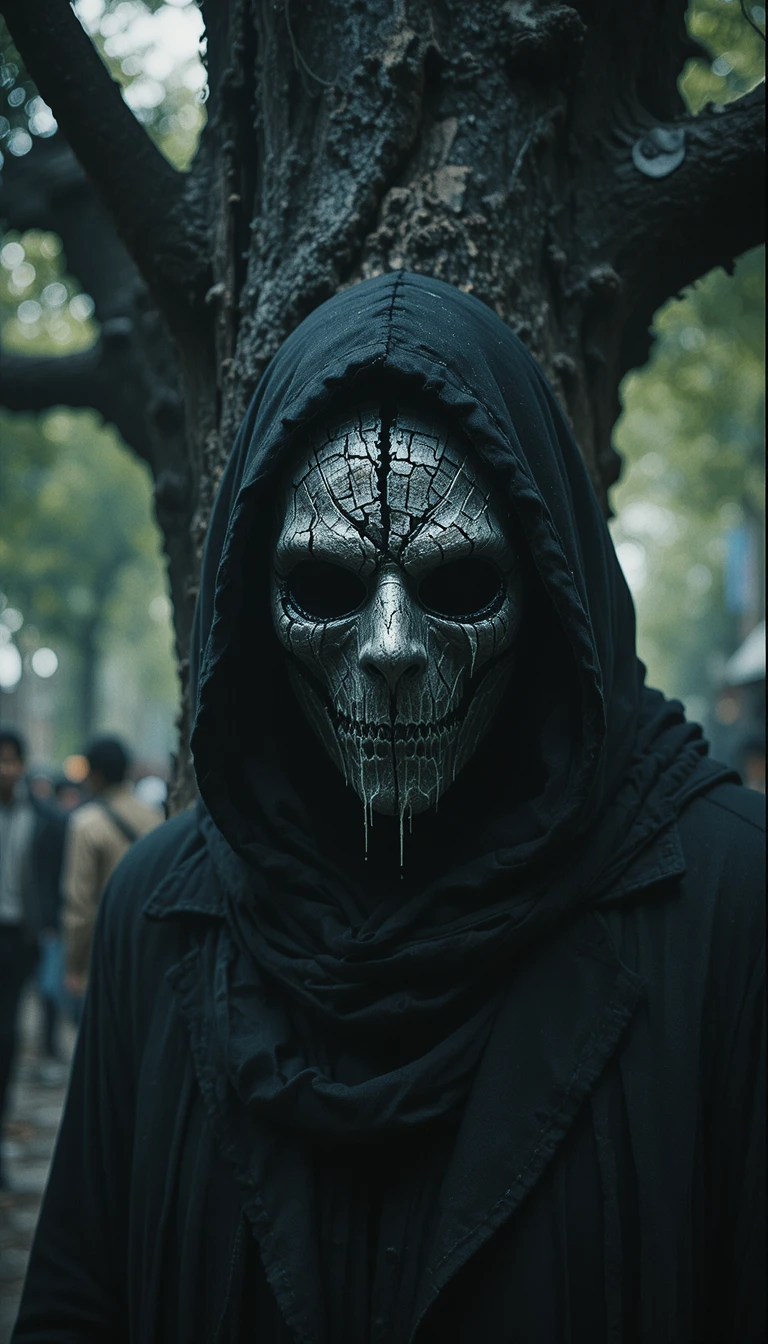 Gros plan d’un spectre fantomatique au masque brisé sous un arbre de fer