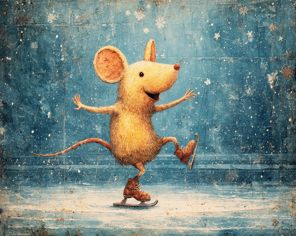 笑う雌のネズミがオリンピックのリンクでフィギュアスケート