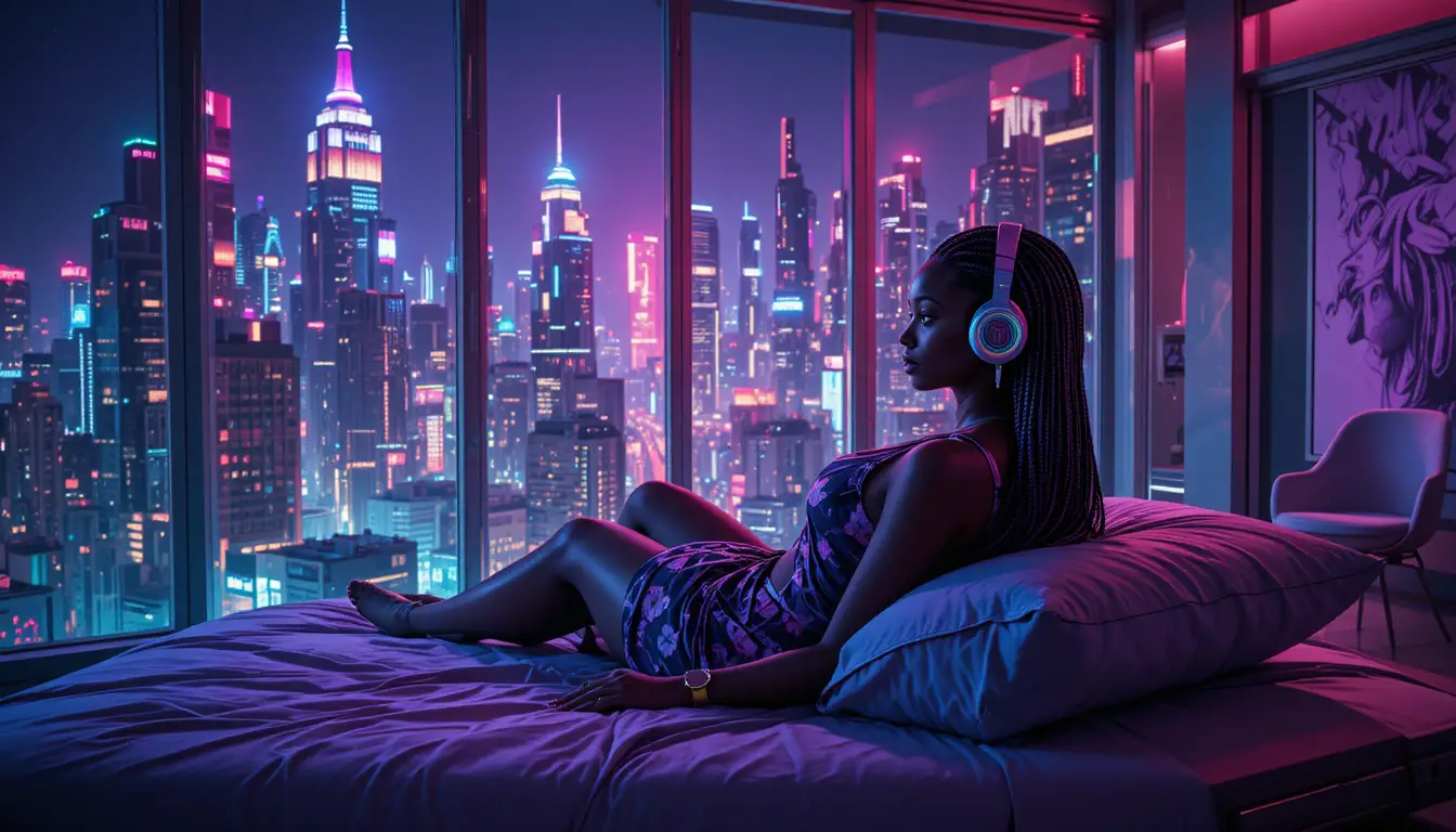 Mujer afrofuturista escuchando música en dormitorio iluminado con neón