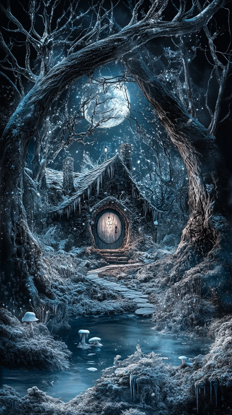 Surreal winter cottage within a giant leaf silhouette