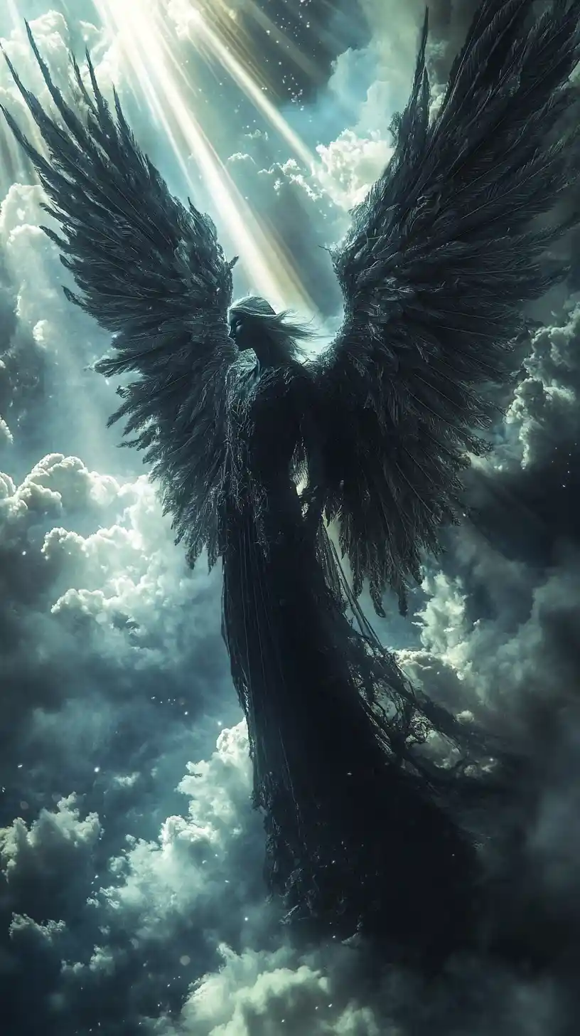 Anjo de ébano alado nas nuvens com contraluz dramática