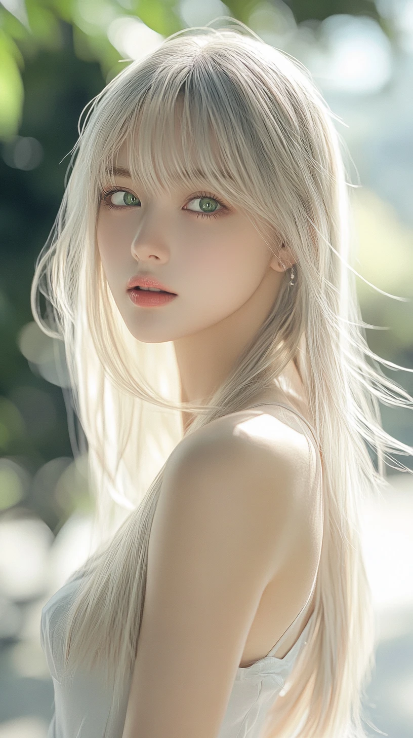 햇빛이 비치는 야외에 서 있는 우아한 애니메이션 여성