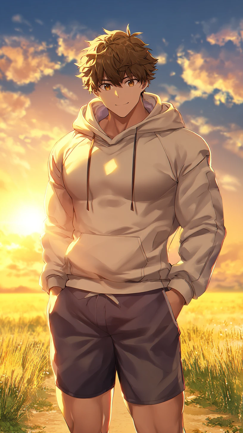 Jovem atlético ao pôr do sol quente em estilo anime