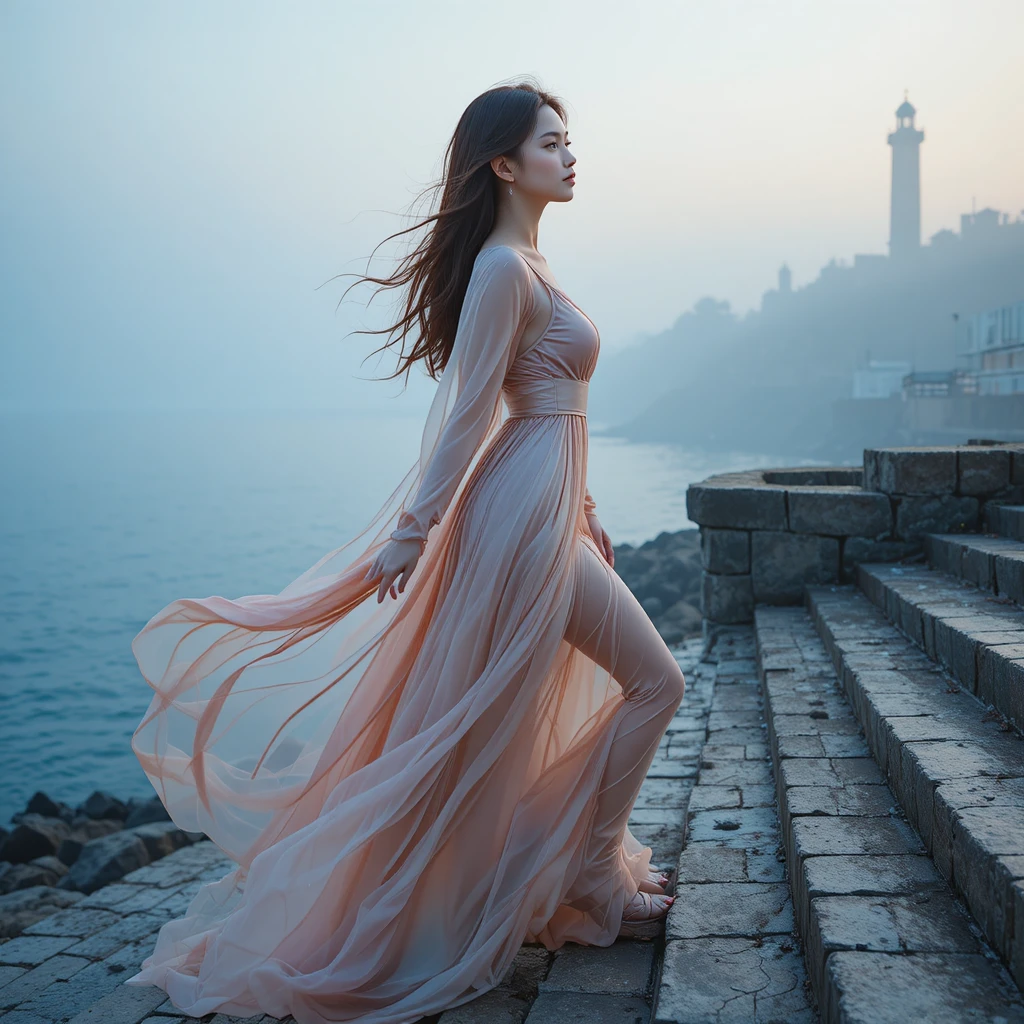 Tall Korean woman in sheer gown facing the dawn sea