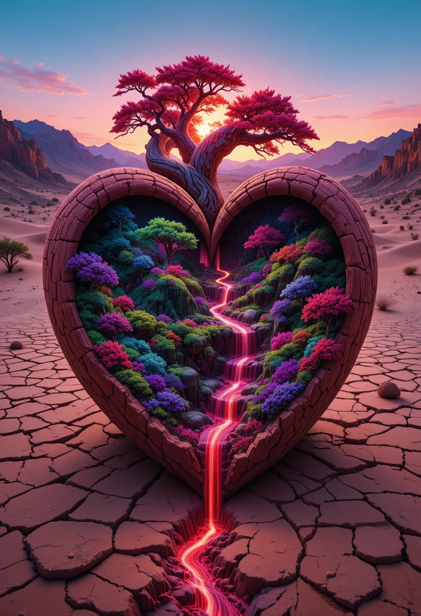 Oasi surreale a forma di cuore rosso che sorge dal deserto spaccato