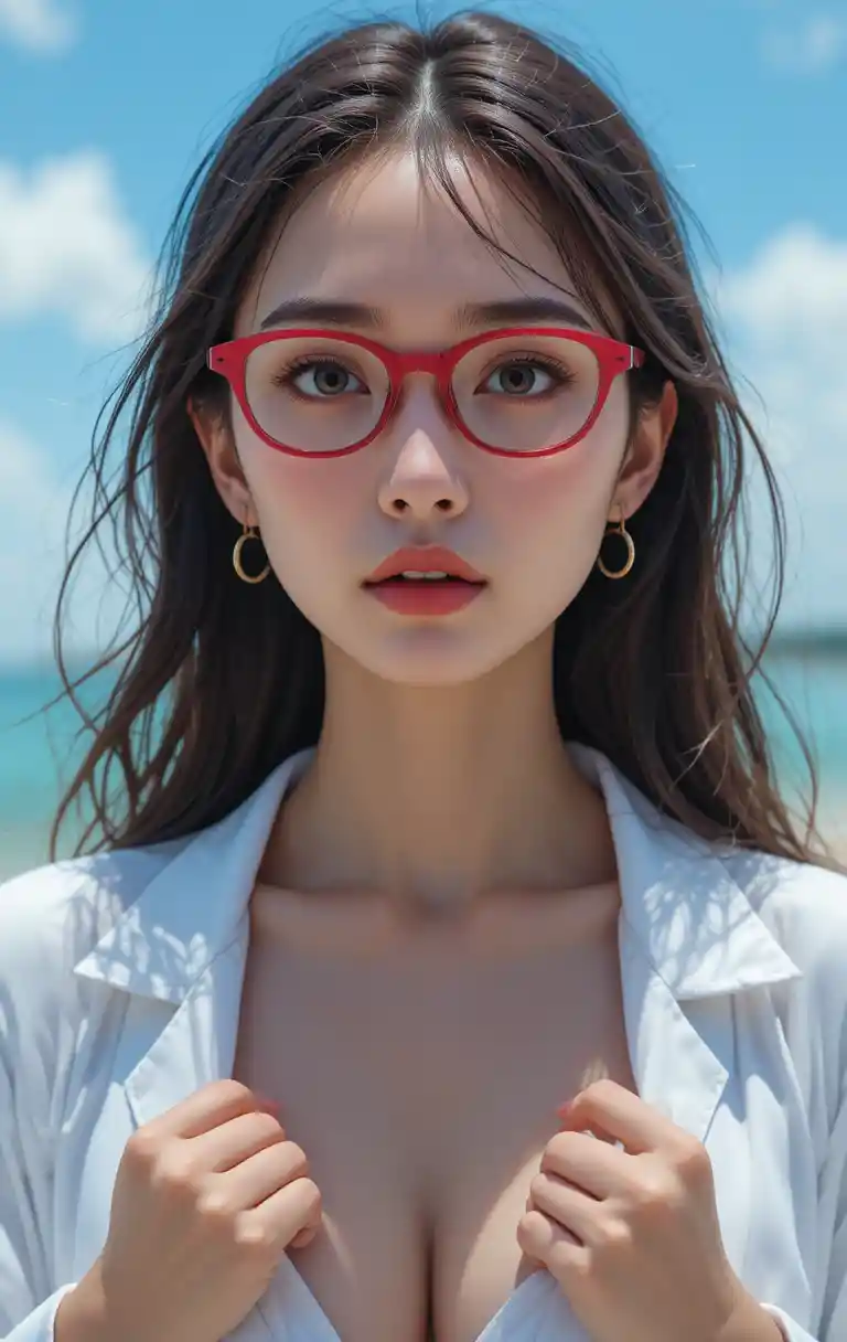 Angry woman in red glasses opening white lab coat