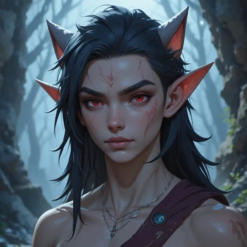 Joven hechicero hombre lobo de cabello oscuro, piel pálida y ojos rojos