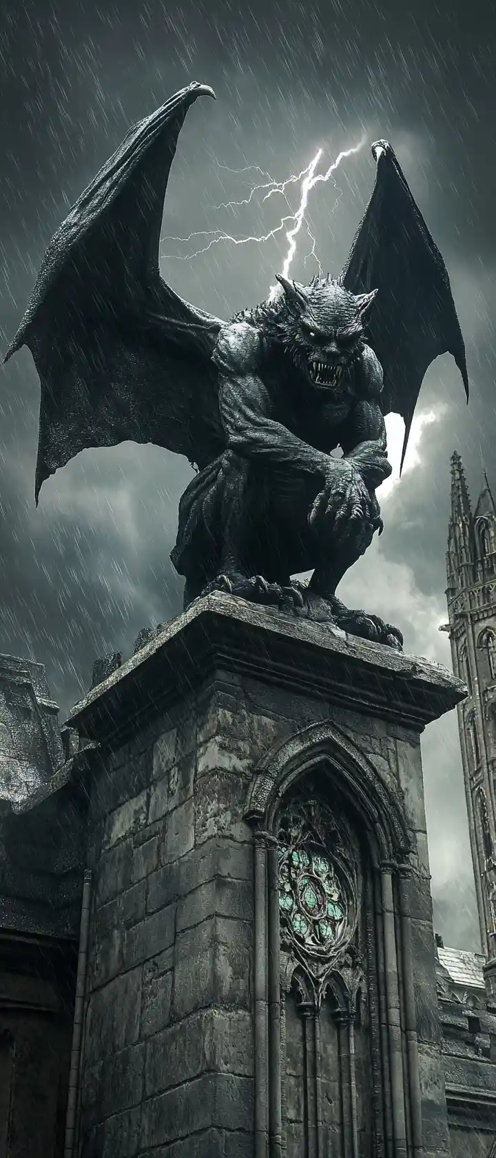 Gárgula em Close em Catedral Gótica em Ruínas à Noite