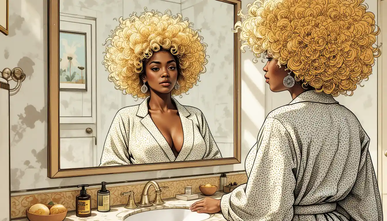 Donna riccia in vestaglia che si veste davanti allo specchio del bagno