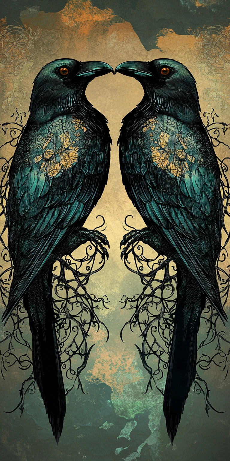 Dois corvos góticos em ilustração sombria e fantástica simétrica