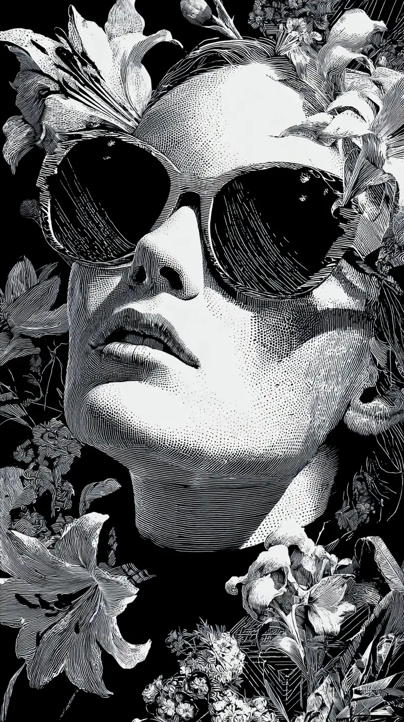 Mulher surreal de óculos de sol com flores em retrato monocromático