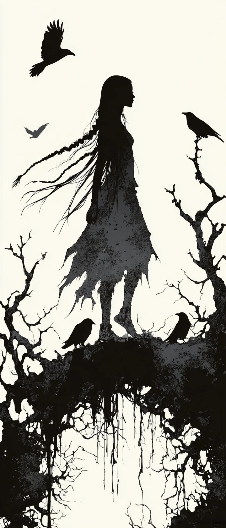 Melancholic girl walking through a moonlit haunted moor