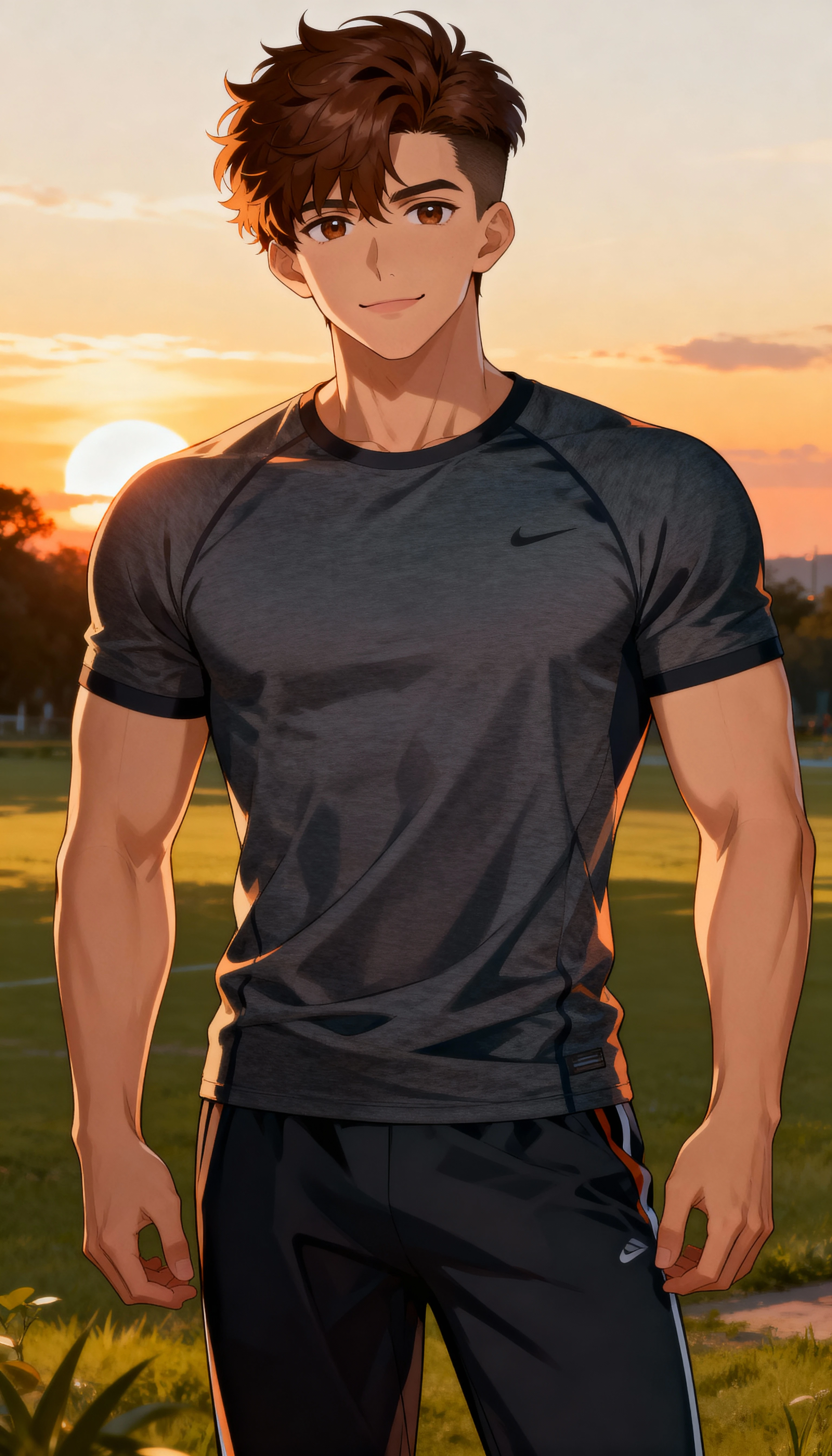 Homem de anime confiante em pé ao ar livre no pôr do sol quente