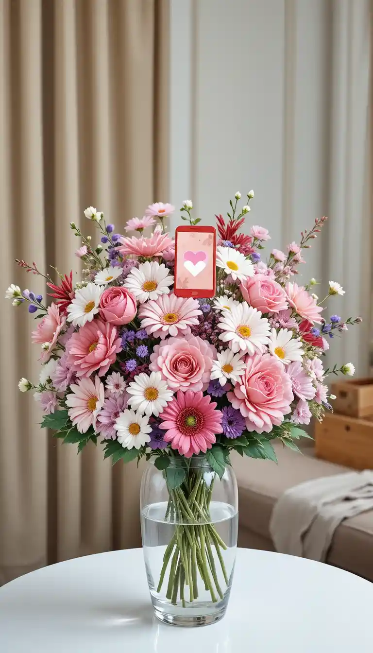 白色桌面上的玻璃花瓶水彩花束