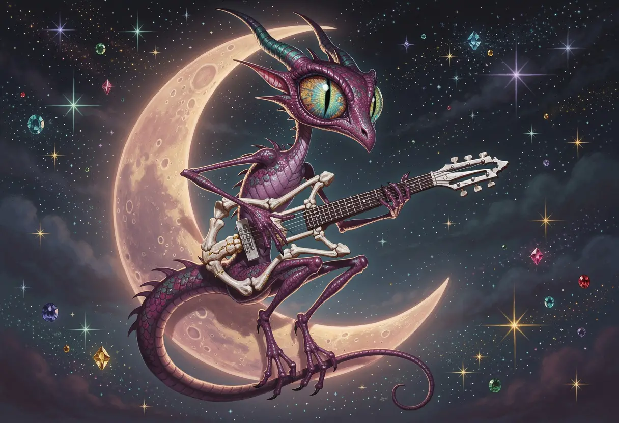 Drago malinconico che suona una chitarra d’osso sulla luna crescente