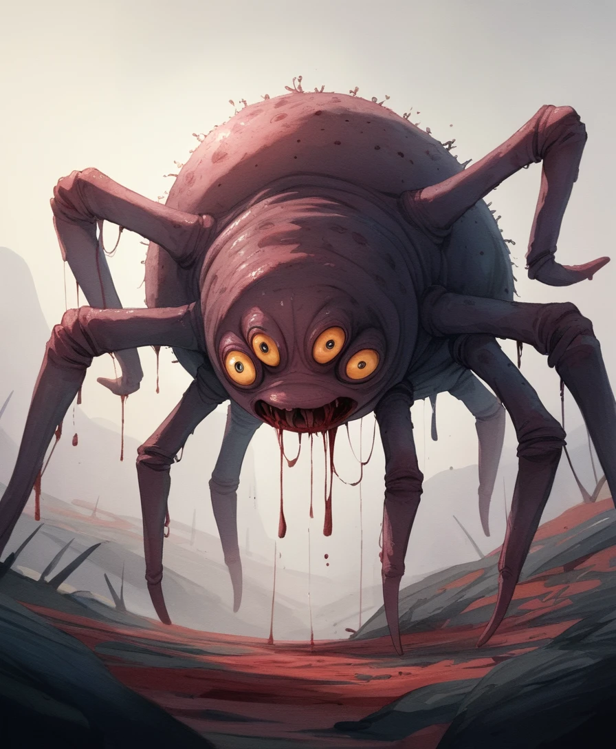 Monstro aracnídeo grotesco de cérebro multiolhos em ruínas apocalípticas