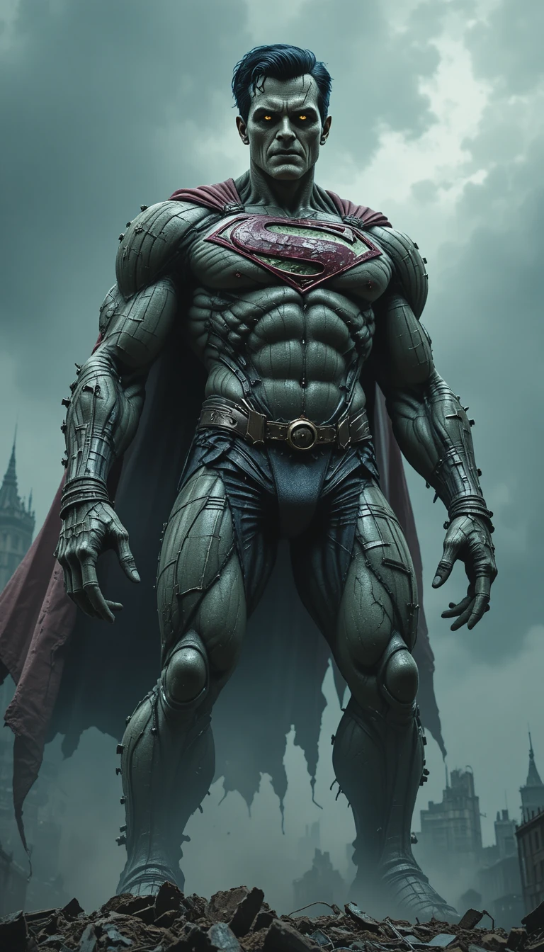 Monstro costurado colossal dominando uma cidade em ruínas