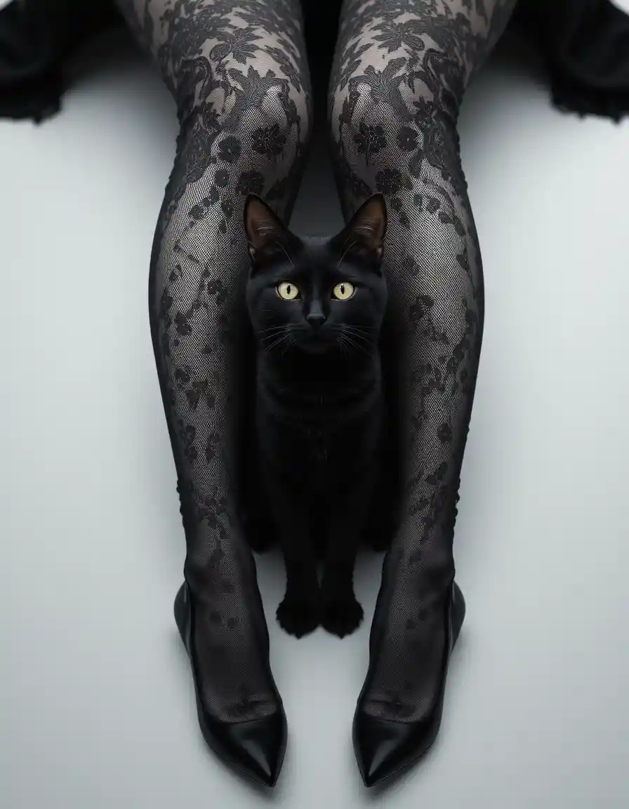 Gato preto entre pernas com renda em preto e branco