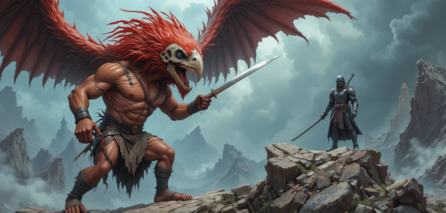 Guerrier musclé en pagne affrontant un gigantesque oiseau aux plumes rouges