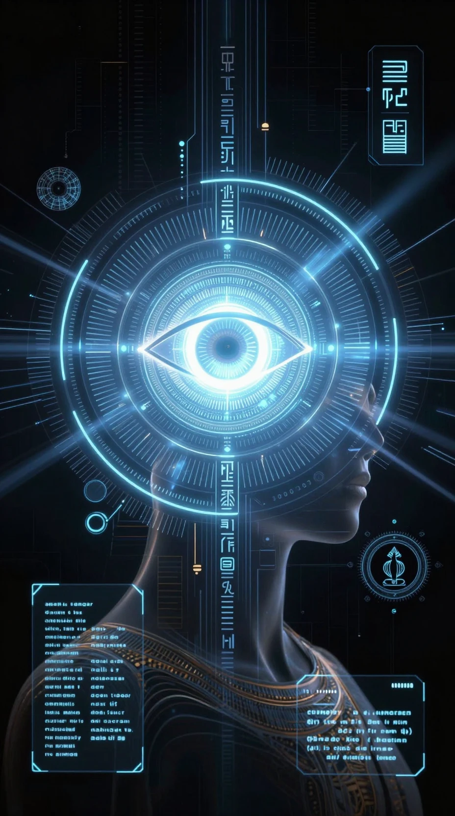 Noyau d’IA de science‑fiction inspiré de Kemet avec interface holographique
