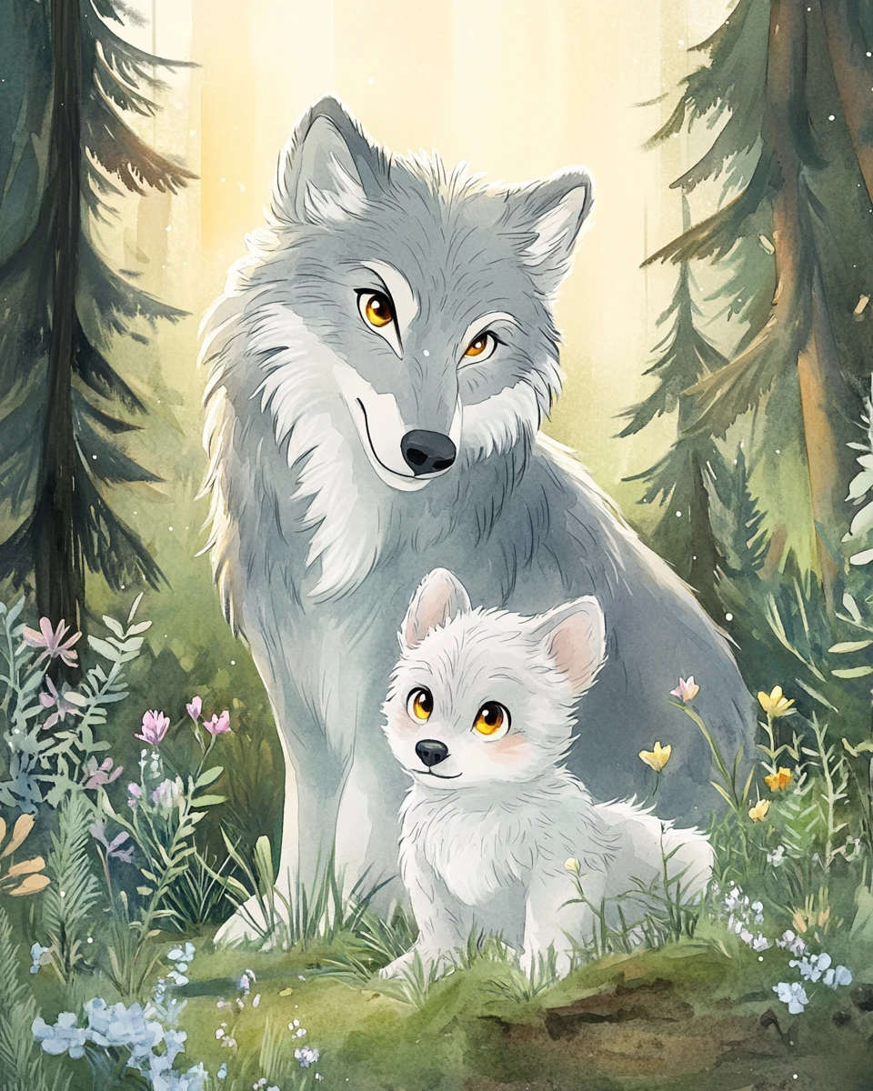 Loba‑cinzenta e filhote em clareira da floresta em aquarela