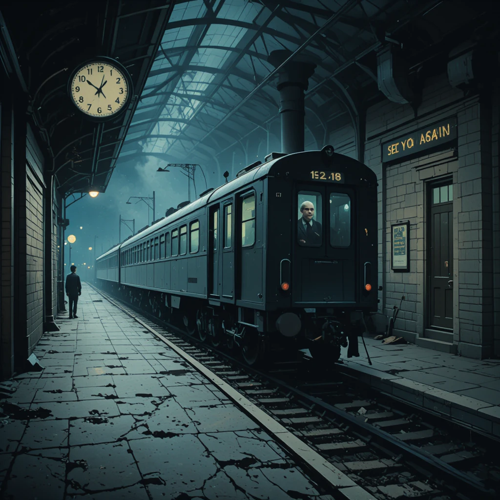 Mitternachtszug rast durch einen verlassenen alten Bahnhof