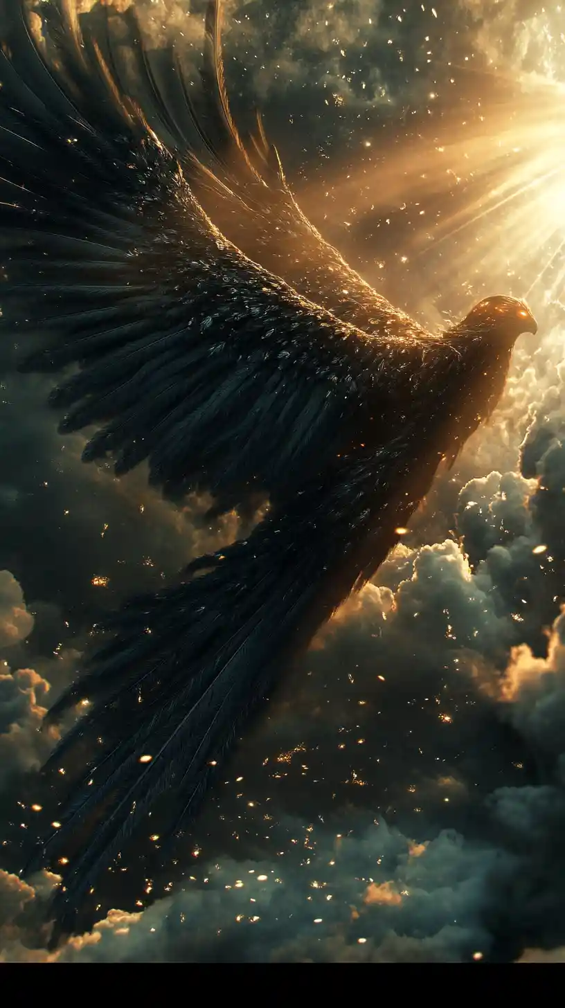 Anjo de ébano nas nuvens com raios dramáticos de contraluz