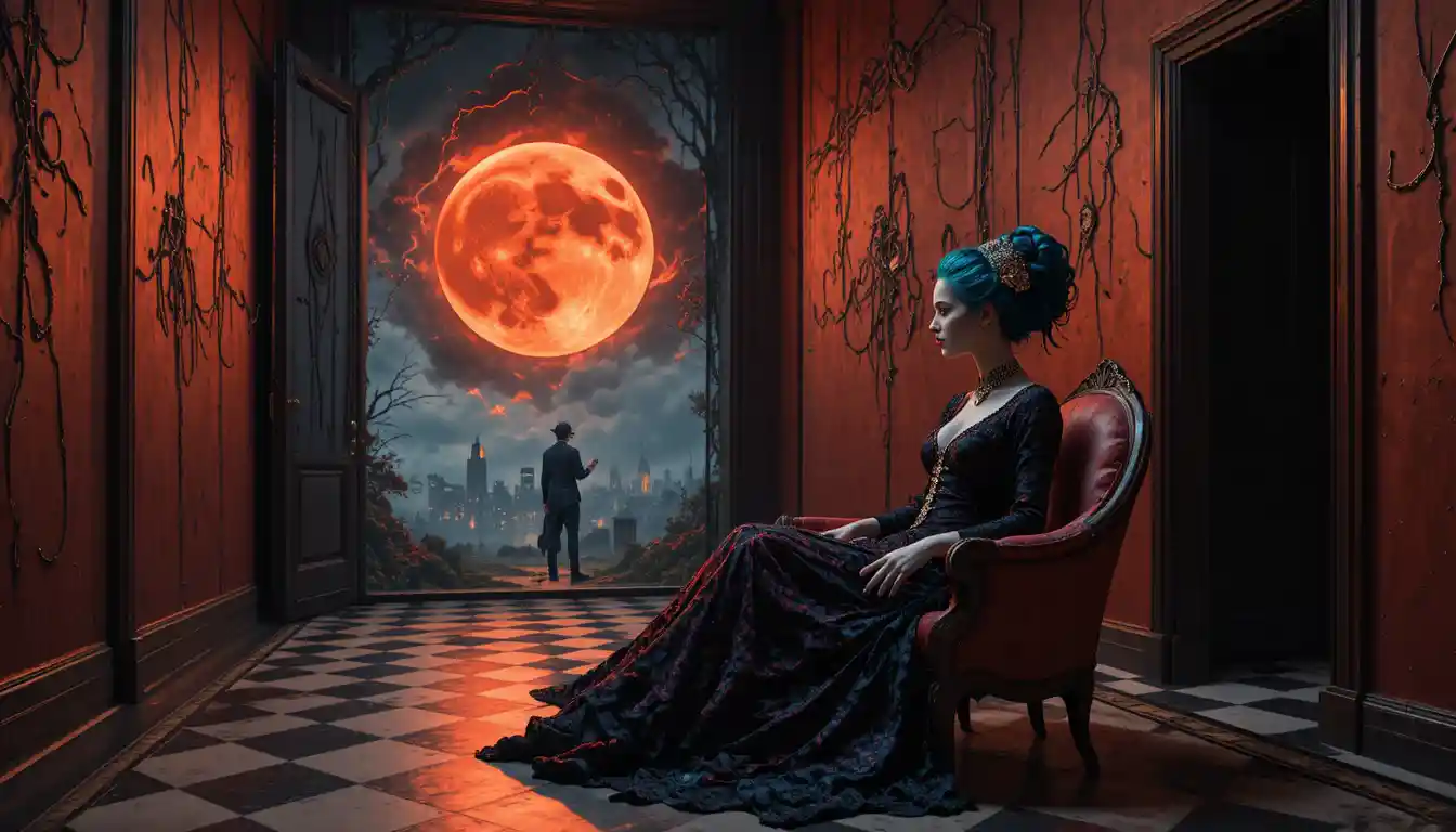 Surrealer Flur mit Schachbrettboden und entfernt wachendem Auge