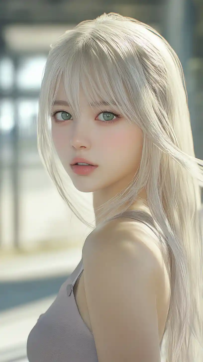 Anime woman in k pop fashion standing in sunny outdoor scene