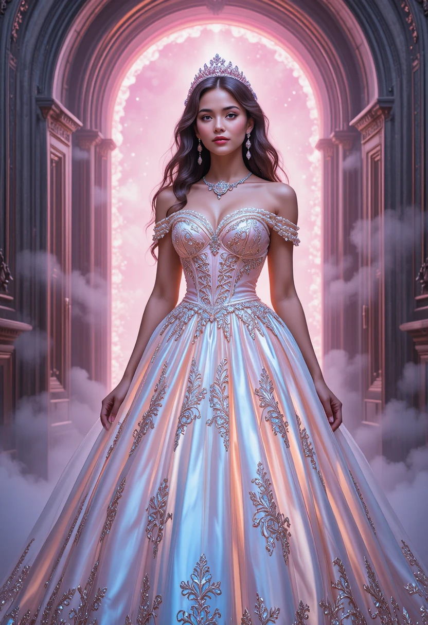 Jeune femme en robe de bal pastel lumineuse devant une porte magique