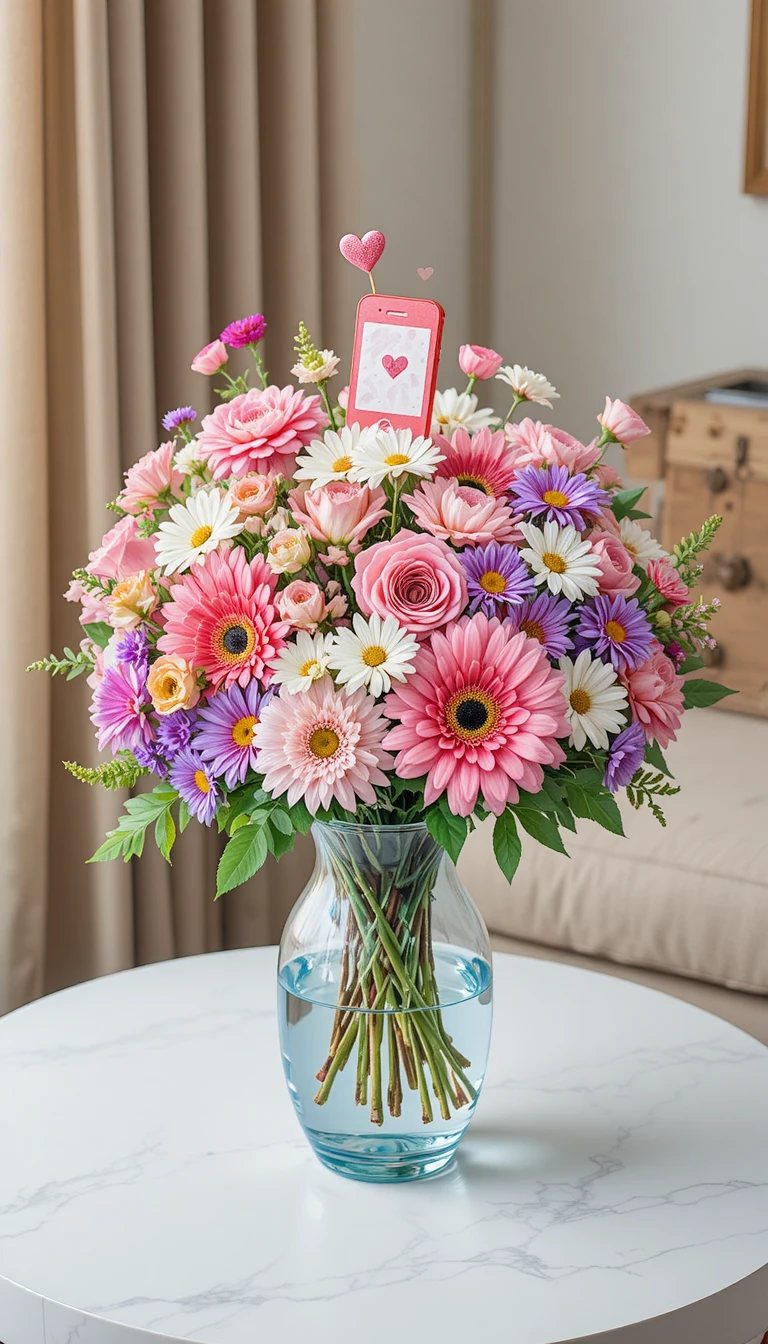 Aquarellblumenstrauß in Glasvase auf weißem Tisch