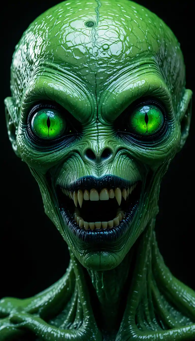 Retrato de Alienígena Verde Escalofriante con Ojos Saltones y Dientes Afilados