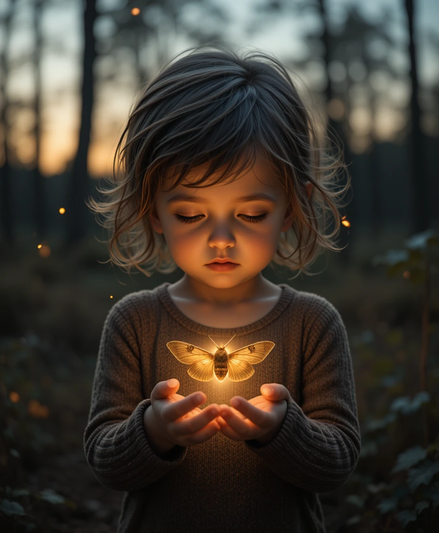 Child Holding A Glowing Moth In A Dusky Forest