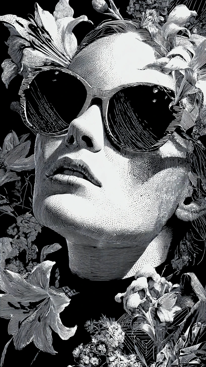Donna surreale con occhiali da sole e fiori in ritratto monocromatico
