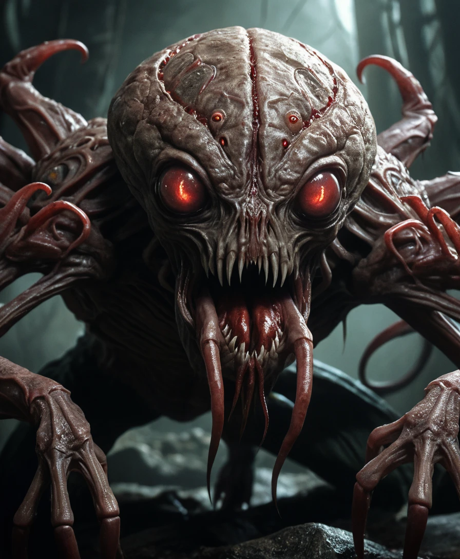 Monstro grotesco de aranha cerebral com vários olhos em primeiro plano