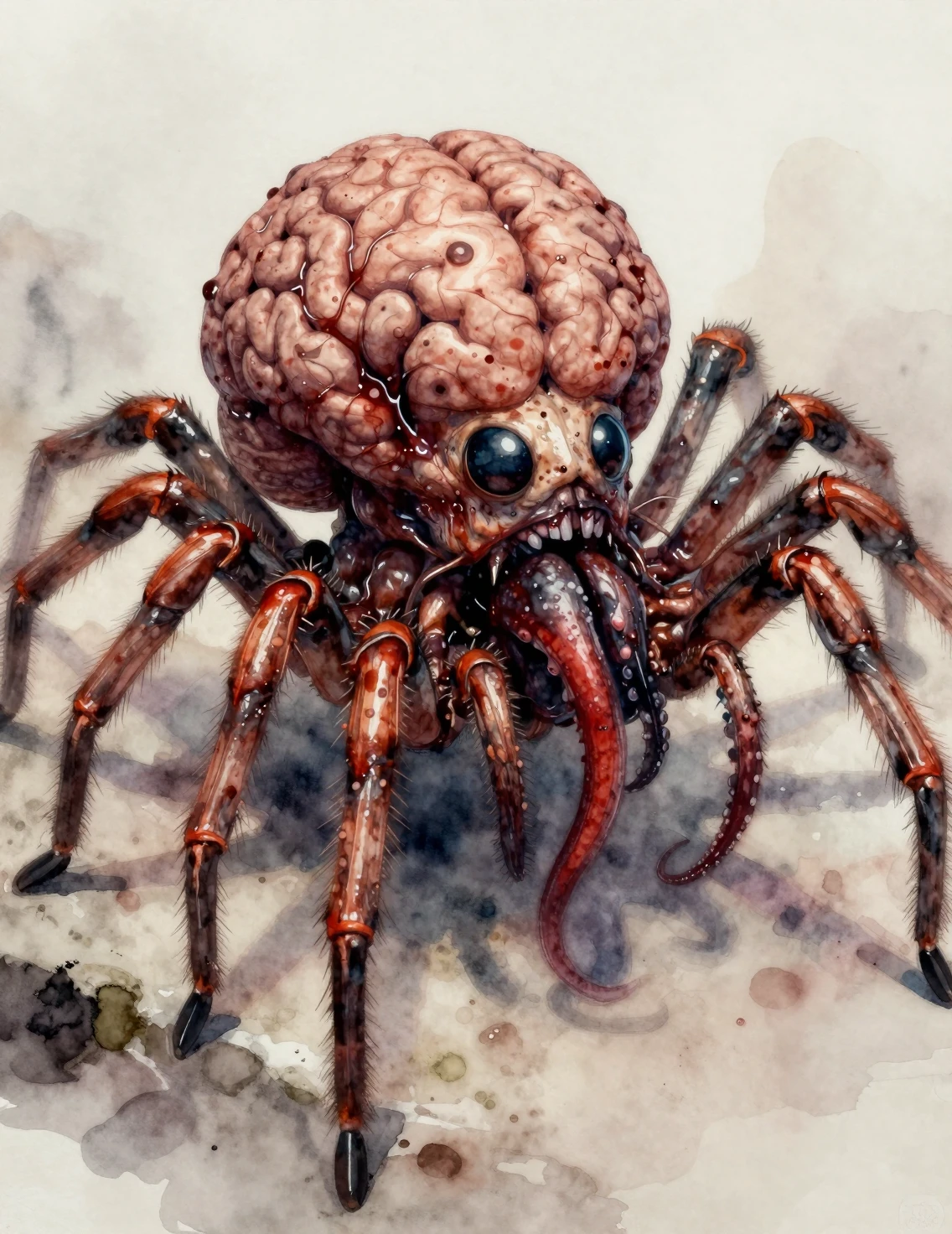 Monstro aranha grotesco de múltiplos olhos com cérebro exposto em ruína apocalíptica